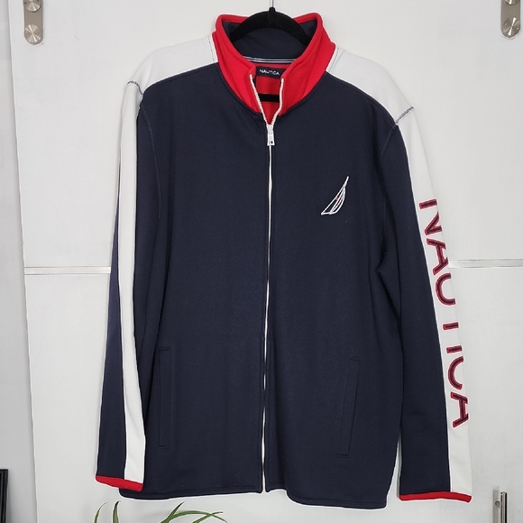 Nautica Zip-Up Sweater Navy Blue/red/white Size XXL PTP 26 1/2 in Length 31 In